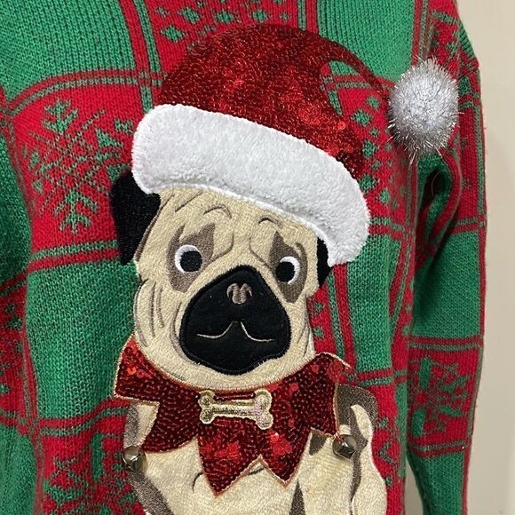 NWOT 33 Degrees Pug Christmas Sequin Bell Sweater.  Size M medium 8/10 - Picture 2 of 8